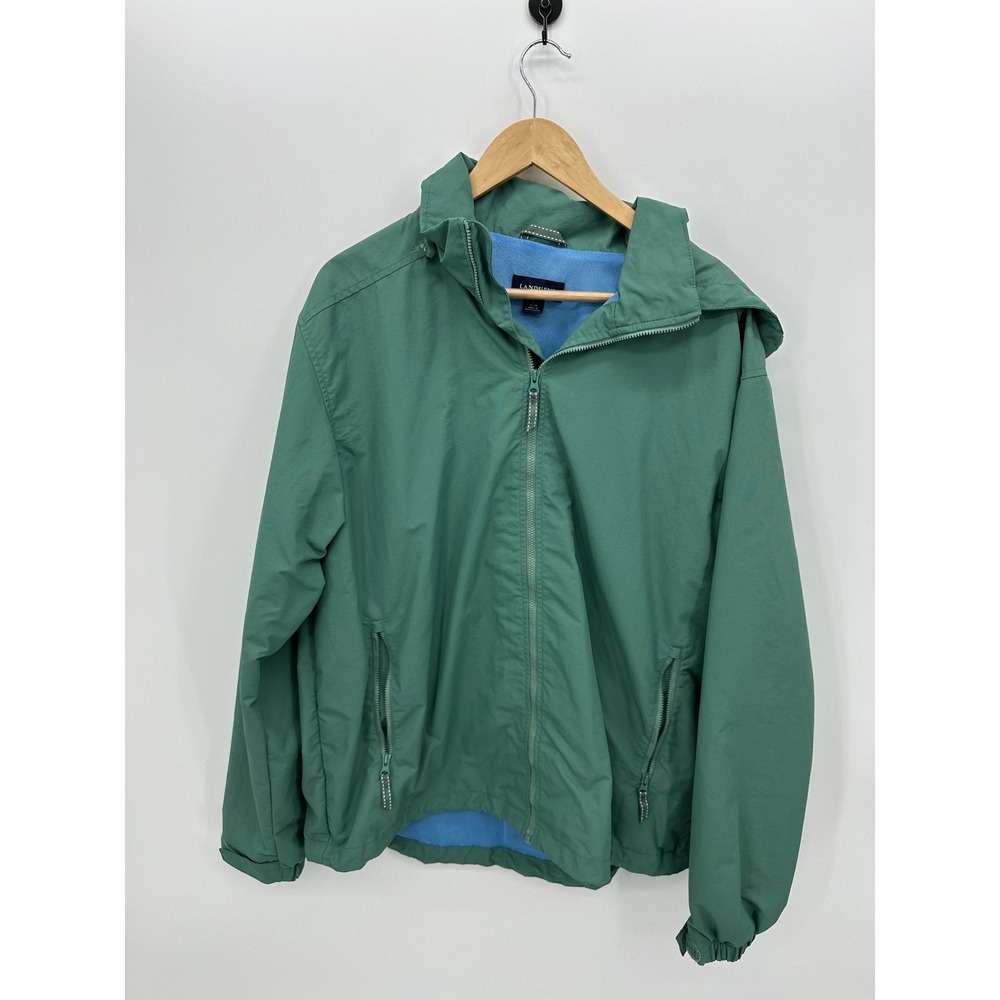Lands End Mens Green Squall Windbreaker Jacket Mesh Lined Stowaway Hood Sz L